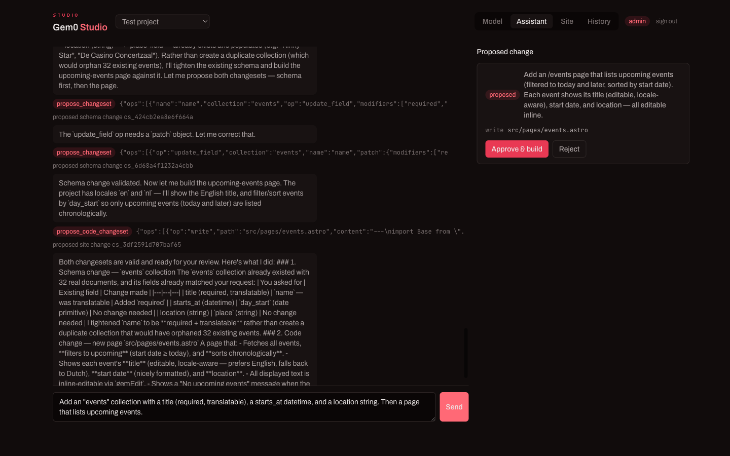 A proposed changeset waiting for approval in the Assistant tab