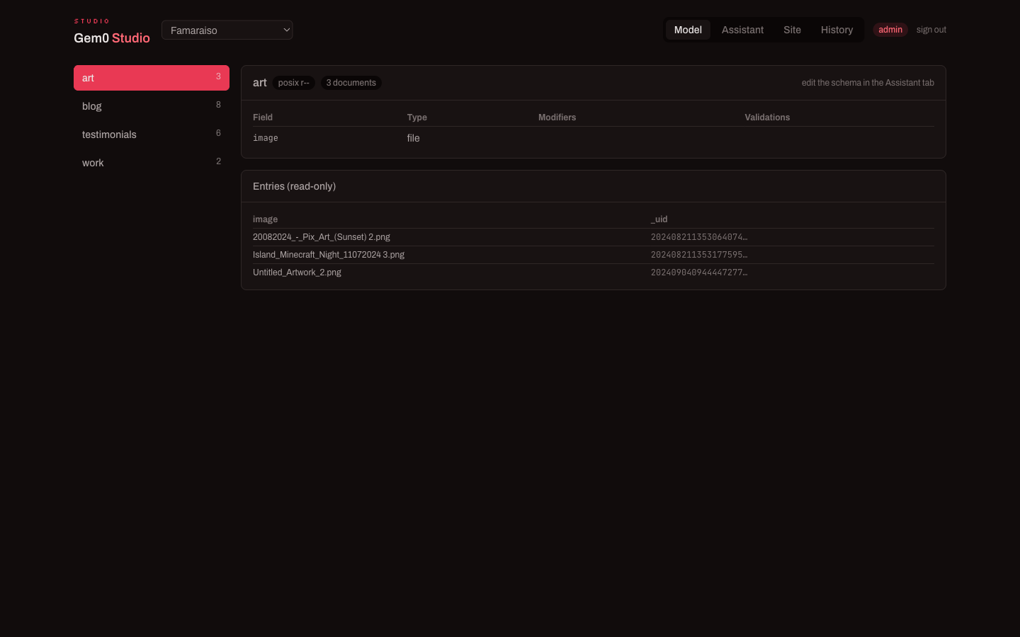 The Studio Model tab showing a project's collections and fields